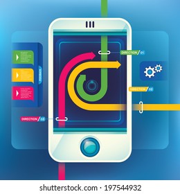Technology illustration with smart phone and arrows. Vector illustration.