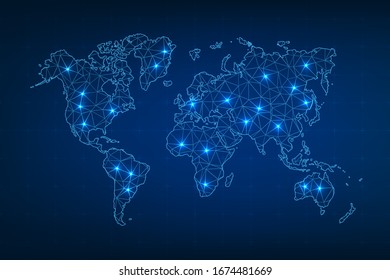 Imagen tecnológica del mundo. Formas polígonas abstractas. Fondo con puntos y líneas de conexión. Concepto gráfico para su diseño