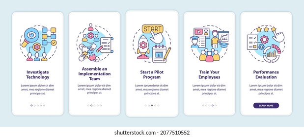 Einführung von Technologien auf dem Bildschirm der mobilen App. Pilotprogramm-exemplarische Vorgehensweise für 5 Stufen grafische Anleitungen mit Konzepten. UI, UX, GUI-Vektorvorlage mit linearen Farbillustrationen