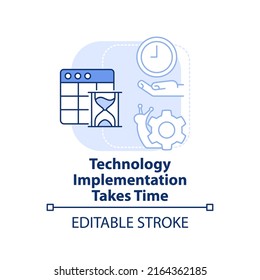 Technology implementation takes time light blue concept icon. Digital change cons abstract idea thin line illustration. Isolated outline drawing. Editable stroke. Arial, Myriad Pro-Bold fonts used