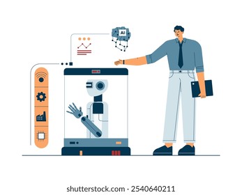 The technology industry creates robots with artificial intelligence, vector illustration.