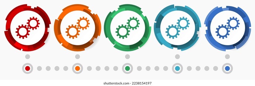Technology, industry, gears concept vector icon set, modern design abstract web buttons i n 5 color options, infographic template