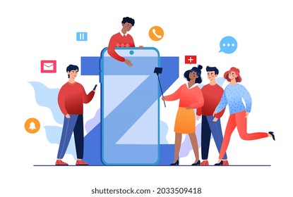 Influencia tecnológica en los adolescentes, el gen progresivo de la juventud z usa tecnología digital progresiva en la comunicación. Ilustración plana concepto vectorial diseño de banner web aislado en fondo blanco