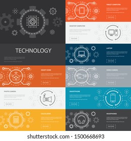 Technology Infographic 10 line icons banners.smart home, photo camera, tablet computer, smartphone icons