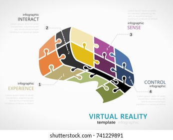 Technology infographic template with virtual reality goggles symbol model made out of jigsaw pieces