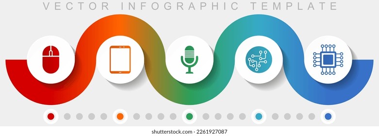 Technology infographic vector template with icon set, miscellaneous icons such as computer mouse, tablet, microphone, chip and cpu for webdesign and mobile applications