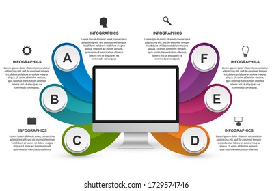 Technology Infographics Template. Monitor with multicolored ribbons. Infographics for business presentations or information banner.