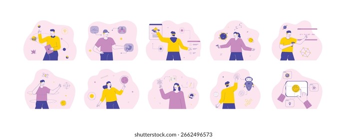 Technology and information education using virtual, metaverse cartoon vector illustration.