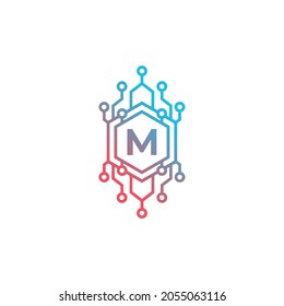 Elemento de plantilla de diseño del logotipo de la carta inicial de tecnología M.