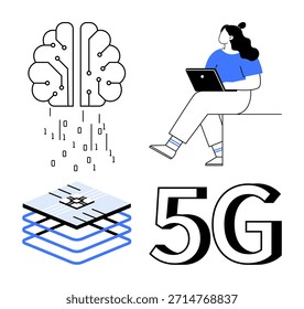 Innovación en Tecnología, inteligencia artificial, conectividad 5G, flujo de datos, interacción humana, transformación digital. Cerebro, capas de chip de código binario persona en la computadora portátil. AI y conectividad 5G