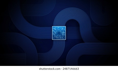 Tecnología de fondo de innovación. Procesador de CPU y patrón de cable plano en azul oscuro bg tecnología. Chip AI o semiconductor y líneas de placa de circuito. Concepto de computadoras y electrónica. Ilustración vectorial