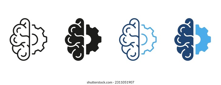 Concepto de Innovación Tecnológica, Media del Cerebro Humano y Media de la Línea de Engranajes e Icono de Color de Silueta. Pictograma de inteligencia artificial. Símbolo de pensamiento estratégico. Ilustración de vectores aislados.