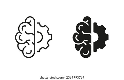 Technology Innovation Concept, Strategy Think Symbols. Half of Human Brain and Half of Gear Line and Silhouette Icon Set. Artificial Intelligence Pictogram. Isolated Vector Illustration.