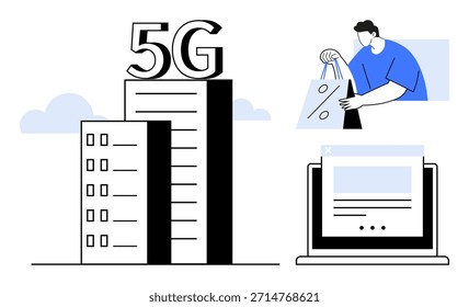 Inovação tecnológica, comércio eletrônico, desenvolvimento urbano, redes 5G, serviços digitais, plataformas em linha. Um prédio rotulado 5G, uma pessoa com sacolas de compras e um navegador online. Inovação tecnológica