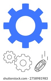 Technology innovation, financial systems, process automation, engineering, industrial design, productivity. Blue gear with black gear sketches and falling coin. Technology innovation and financial