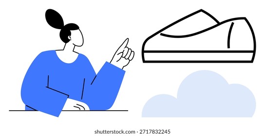 Technology, innovation, futuristic design, creative ideas, digital interaction, cloud computing. Person pointing at a sleek object above a cloud. Technology and innovation concept