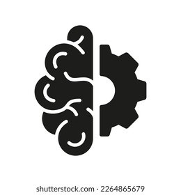 Technology Innovation, Half of Human Brain and Half of Gear Concept Silhouette Icon. Artificial Intelligence, Cog Wheel and Brain Glyph Pictogram. Isolated Vector Illustration.