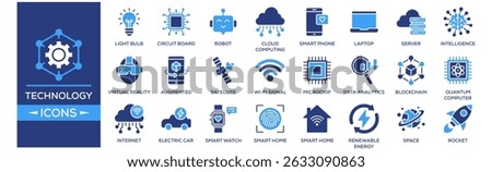 Technology and Innovation icon set. Containing design Light Bulb, Circuit Board, Robot, Cloud Computing, Smart Phone. Solid icon collection.