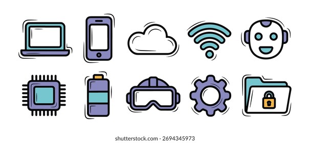Conjunto de iconos de Tecnología e innovación para soluciones digitales y tendencias futuras
