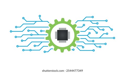 Tecnología e innovación, fondo mecatrónico, rueda dentada mecánica con chip electrónico, uso inteligente de ingeniería híbrida