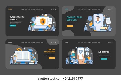 Technology and Innovation night or dark mode web or landing page set. Cybersecurity, online legal assistance, e-learning platforms, and IoT service integration for modern users. Vector illustration.