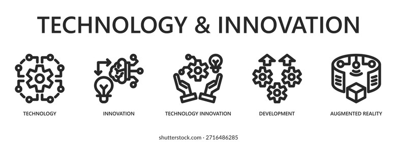Technologie und Innovation Outline Web Banner Icon Vektorgrafik für digitale Transformation und Zukunftsentwicklung Konzept mit Technologie, Innovation, Technologie Innovation, Entwicklung, Augmented Reality Icons