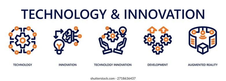 Tecnologia e inovação Outline Web Banner Icon Vetor Illustration for Digital Transformation Concept with Technology, Innovation, Technology Innovation, Development, Augmented Reality Icons (Ilustração vetorial de ícones de banner da Web para transformação digital com tecnologia, inovação, inovação tecnológica, desenvolvimento, ícones de realidade aumentada)