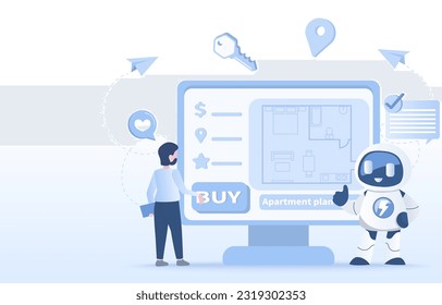 Technology innovation to present and explore property for sale or rent. Showing apartment plan room, price, location, rating, review for comparing. Flat vector design illustration.