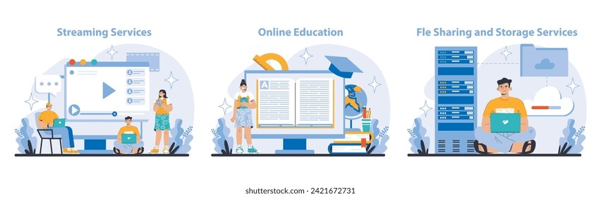 Technology and Innovation set. Engaging streaming platforms, comprehensive online education, secure file sharing and storage solutions. Interactive user interfaces and data management.