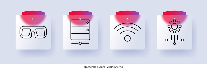 Technology and innovation set icon. VR glasses, server, Wi-Fi signal, gear system, digital innovation, connectivity, data storage, automation