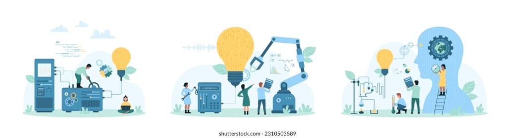 Technology innovation set vector illustration. Cartoon tiny people building bright light bulb with circuits inside using robotic arm, working with laboratory equipment and digital brain connection