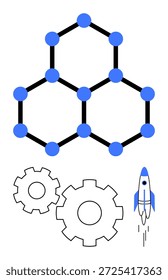Tecnología, innovación, trabajo en equipo, investigación, exploración espacial, progreso. Estructura molecular hexagonal y engranajes con lanzamiento de cohete. Tecnología e innovación simbólica