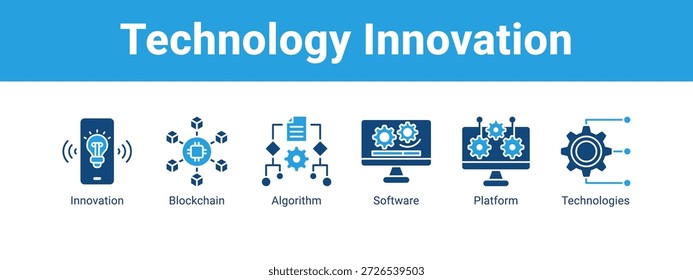 Tecnología Innovación Web Anuncio icono concepto de Ilustración vectorial, con icono de Innovación, Blockchain, Algoritmo, Software.