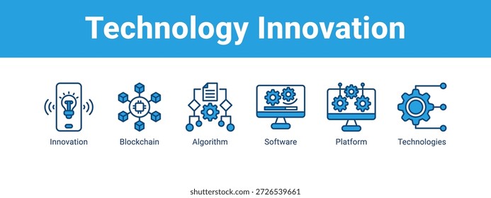 Tecnología Innovación Web Anuncio icono concepto de Ilustración vectorial, con icono de Innovación, Blockchain, Algoritmo, Software.