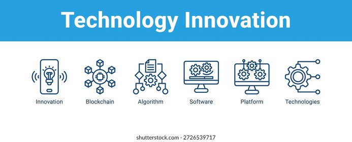 Tecnología Innovación Web Anuncio icono concepto de Ilustración vectorial, con icono de Innovación, Blockchain, Algoritmo, Software.