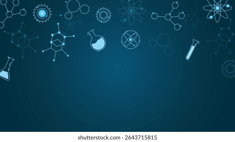 Tecnologia inspirou ciência fundo com brilhando frascos de laboratório tubos de teste átomos engrenagens e moléculas em um fundo gradiente azul escuro perfeito para temas de pesquisa ou educação