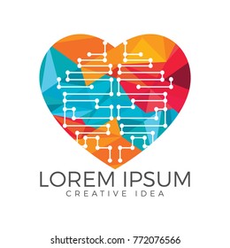 Technology integrate heart shape logo design. Love tech sign.