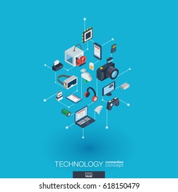 Technology integrated 3d web icons. Digital network isometric interact concept. Connected graphic design dot and line system. Background whith wireless printing and virtual reality. Vector Infograph