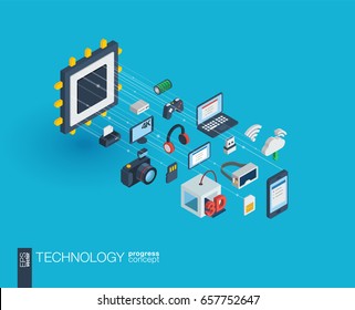 Technology integrated 3d web icons. Digital network isometric progress concept. Connected graphic design line growth system. Background whith wireless printing and virtual reality. Vector Infograph