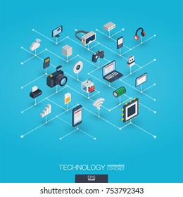 Technology integrated 3d web icons. Digital network isometric interact concept. Connected graphic design dot and line system. Background whith wireless printing and virtual reality. Vector Infograph