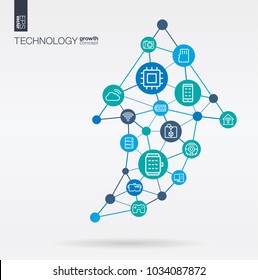Technology integrated thin line web icons. Growth, progress, success in arrow up shape. Digital neural network concept. Connected polygon system. Wireless printing, virtual reality vector background