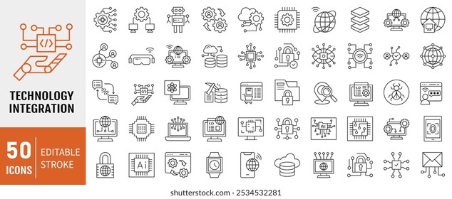 Technology integration icon collection. Containing automation, digitalization, innovation, collaboration icon. Simple line vector illustration.