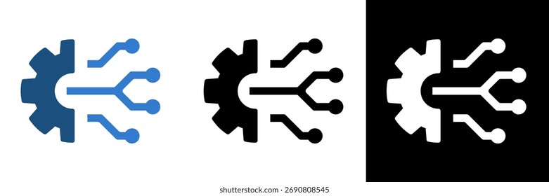 Technology Integration Icon — Gear with Circuit Lines Connection. Perfect for IT service logos, automation systems, software engineering visuals, technology infrastructure, and digital transformation