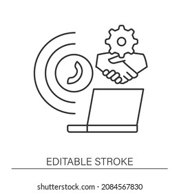 Technology integration line icon. Technology interactions on telephone and computer. Communication. Business automation concept.Isolated vector illustration.Editable stroke