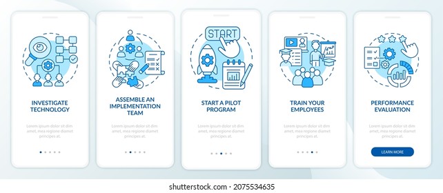 Technology integration steps onboarding mobile app page screen. Innovation process walkthrough 5 steps graphic instructions with concepts. UI, UX, GUI vector template with linear color illustrations