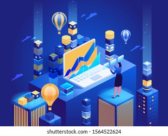 Technology internet and business isometric concept. Computing and information technology for business. Communication data network. Service it. Abstract digital internet vector illustration.