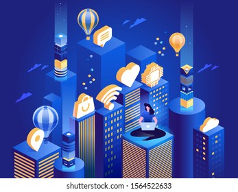 Technologie-Internet und Business-Isometrie-Konzept. Informatik und Informationstechnologie für Unternehmen. Kommunikationsdatennetz. Service es. Abstrakte digitale Internet-Vektorgrafik.