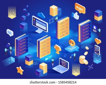 Technology internet and business isometric concept. Computing and information technology for business. Communication data network. Service it. Abstract digital internet vector illustration.