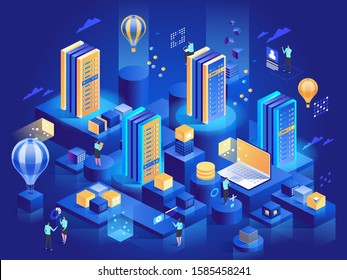 Technology internet and business isometric concept. Computing and information technology for business. Communication data network. Service it. Abstract digital internet vector illustration.