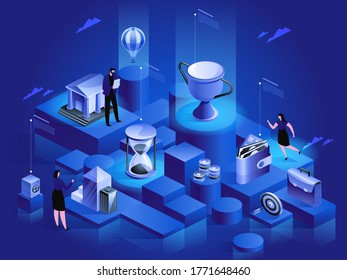 Technology internet and business isometric concept. Computing and information technology for business. Communication data network. Service it. Abstract digital internet vector illustration.